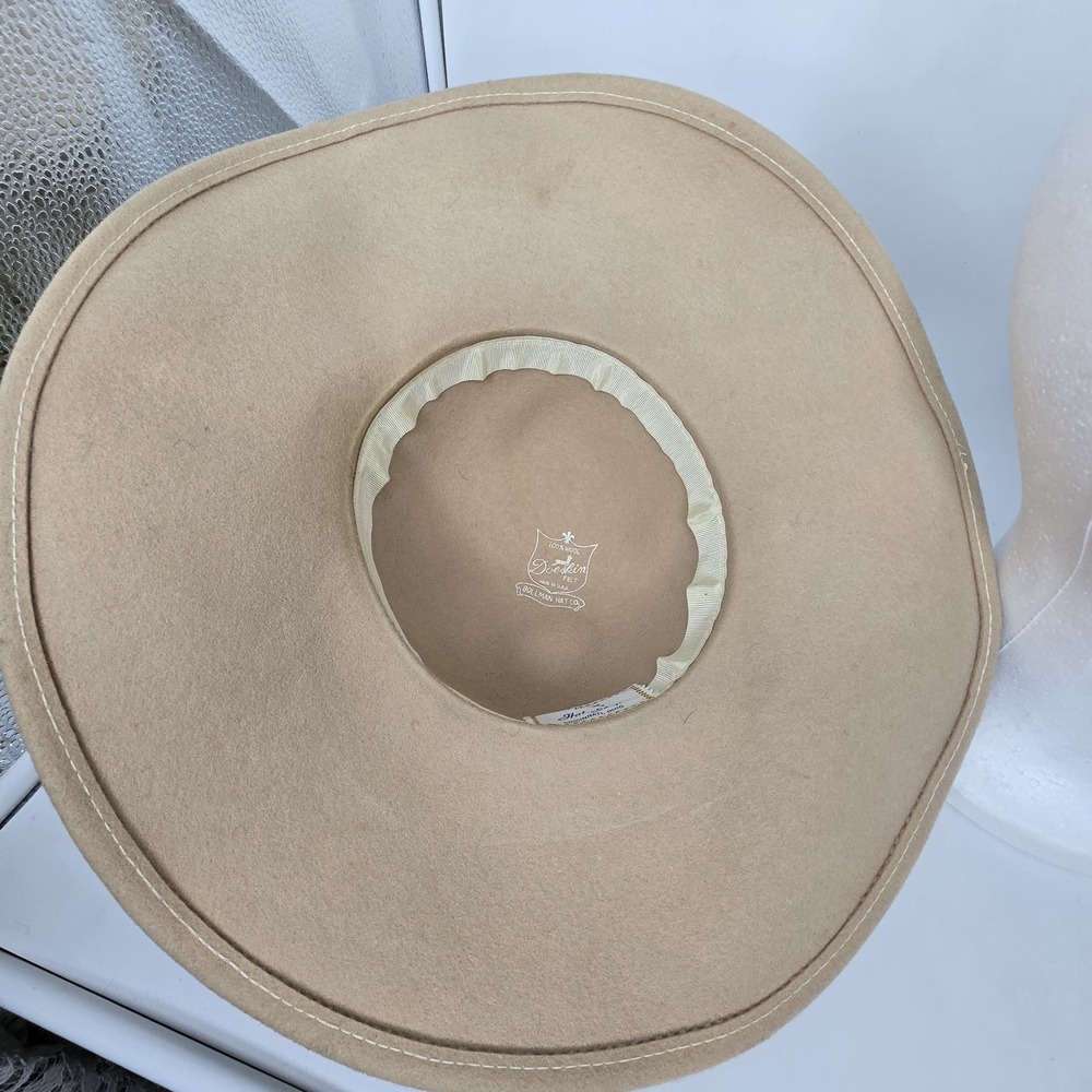 Vtg Bollman 100% Wool Doeskin Felt Wide Brim Hat Tan Neutral Tulle Sequins Glam - Picture 9 of 9